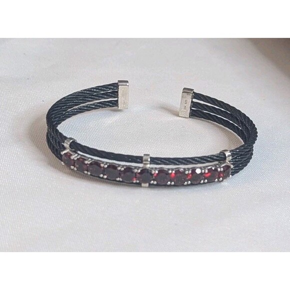 Garnet Cuff Bracelet In Black Stainless Steel - Picture 3 of 4